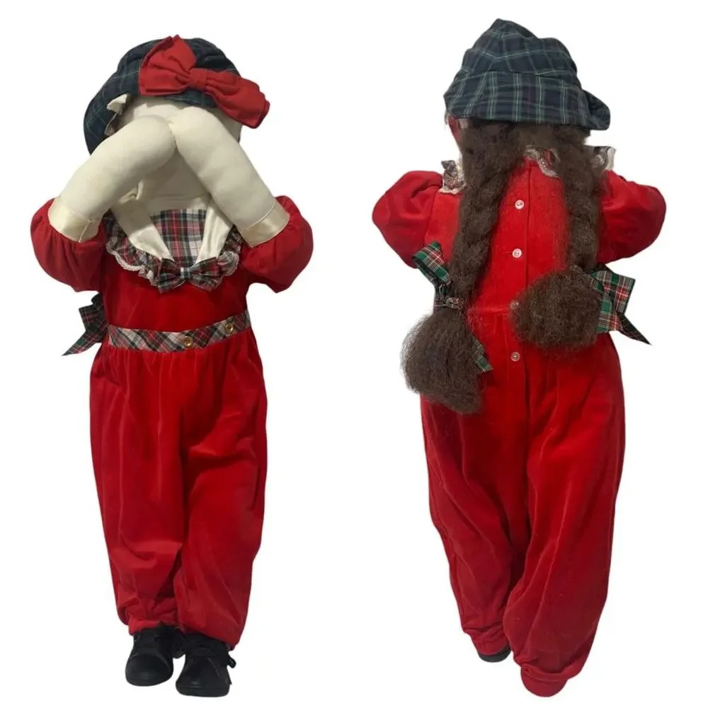 Vintage 1990s Hide n Seek Time Out Doll Girl Brown Braids Red Velour Plaid 37